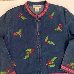 EUC APPLESEEDS Christmas Embroidered Holly Berry DENIM JACKET SM